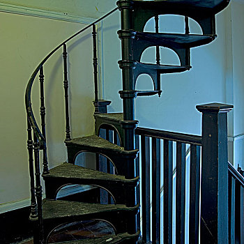 螺旋,楼梯,木质,栏杆,苍白,绿色,墙壁,伦敦,英国