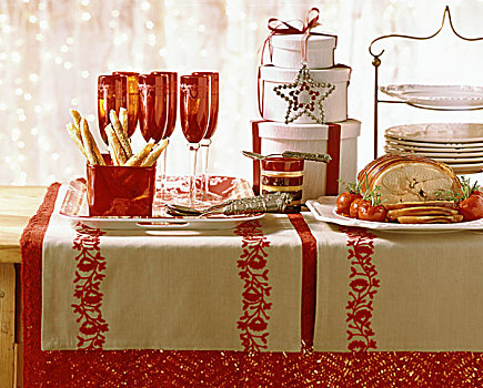 桌子,圣诞节,红色,白色,烤猪肉