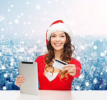 圣诞节,科技,购物,人,概念,微笑,女人,圣诞老人,帽子,平板电脑,电脑,信用卡,上方,雪,城市,背景