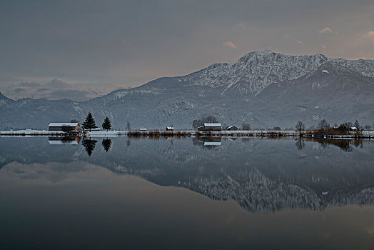 傍晚,湖,冬天,风景,靠近,巴伐利亚阿尔卑斯山,上巴伐利亚,巴伐利亚,德国