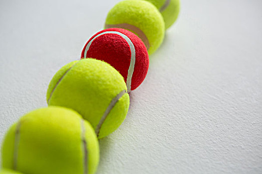 俯拍,网球,放置,排,白色背景,背景