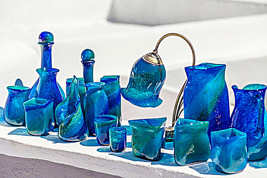 漂亮,地中海,蓝色,手制,玻璃,装饰,艺术,展示,售出,旅游,纪念品,礼物,锡拉岛,希腊