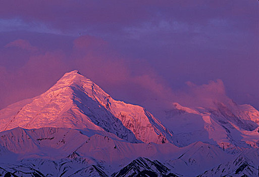 美国,阿拉斯加,德纳里峰国家公园,鲜明,红色,高山辉,阿拉斯加山脉,顶峰