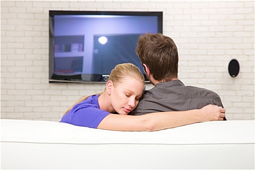 男人,看电视,女人,搂抱