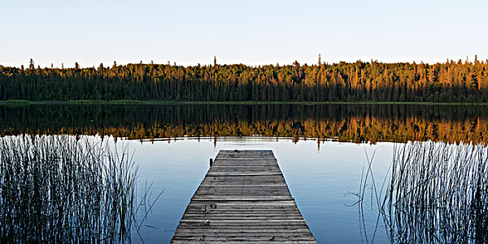 木质,码头,室外,平和,湖,日落,赖丁山国家公园,曼尼托巴,加拿大