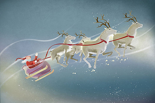 插画,圣诞老人,驯鹿,天空