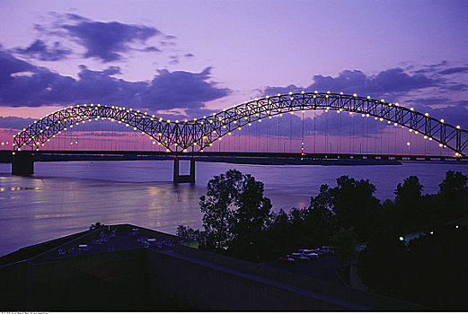 桥,上方,密西西比河,日落,孟斐斯,田纳西,美国