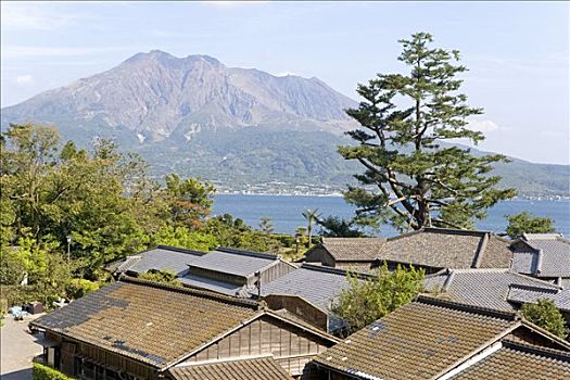 屋顶,鹿儿岛,火山,背景,日本,俯拍