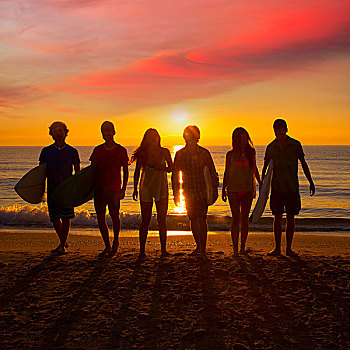 冲浪,青少年,女孩,海滩,阳光,日落,逆光