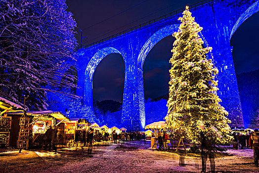 雪,圣诞市场,铁路,高架桥,光亮,靠近,布赖施高,黑森林,巴登符腾堡,德国,欧洲