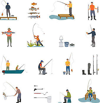 钓鱼,活动,男人,矢量,插画,抓住,鱼,堤岸,河,船,朋友,放松,爱好,白色背景