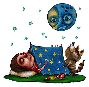 插画,图像,男孩,睡觉,帐蓬,月亮