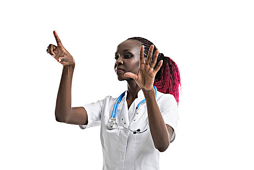 女性,非洲,医生,听诊器,工作,虚拟,显示屏