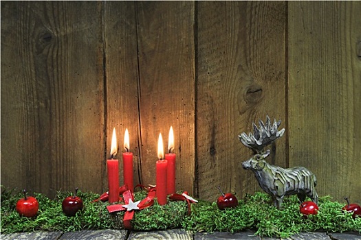 四个,红色,燃烧,圣诞节,蜡烛,木头,背景,鹿