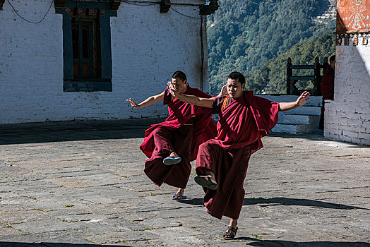 僧侣,宗派寺院,练习,跳舞,不丹