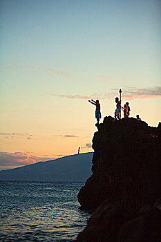 夏威夷,毛伊岛,黑岩,悬崖,典礼,日落