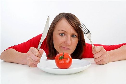 女人,吃,西红柿