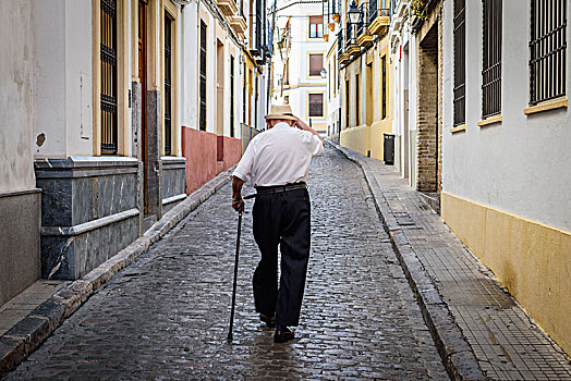 后视图,老人,手杖,走,鹅卵石,街道,塞维利亚,安达卢西亚,西班牙