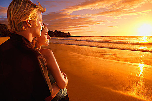 伴侣,分享,浪漫,日落,海滩