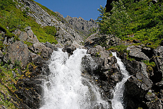 瀑布,山谷,高山,山,风景,山峦,高度,靠近,攀登,区域,阿尔卑斯山,鲁姆斯达尔,挪威,斯堪的纳维亚,欧洲