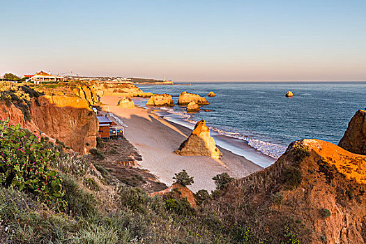 俯视图,沙滩,岩石构造,日落,普拉亚达洛查,阿尔加维,葡萄牙