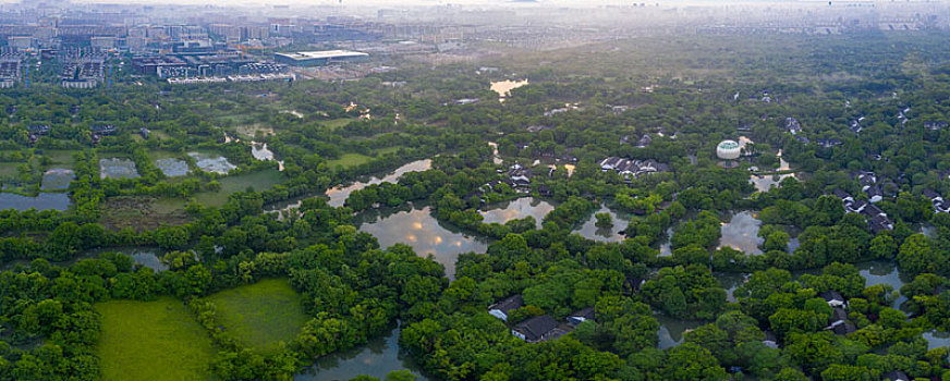 杭州西溪湿地公园清晨航拍