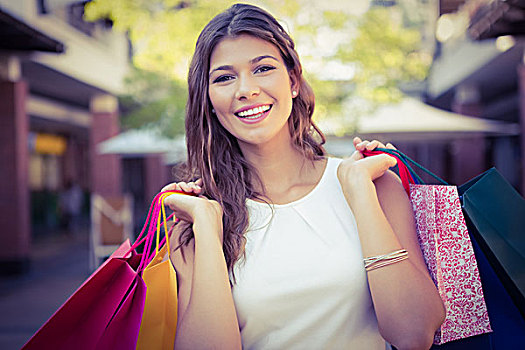 女人,微笑,头像,购物袋,看镜头,购物中心