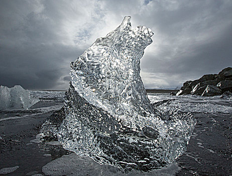 冰岛,冰川冰,特别,形状,火山岩,海滩,冰河,泻湖,日落,逆光