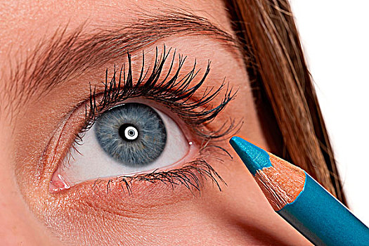 特写,蓝眼睛,女人,施用,蓝色,化妆,化妆笔,微距,镜头