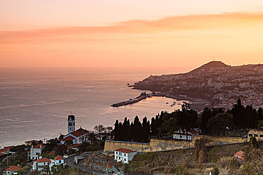 俯视,丰沙尔,日落,马德拉岛,葡萄牙