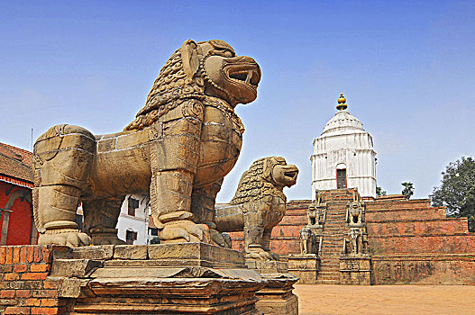 石狮,东方,杜巴广场,庙宇,巴克塔普尔,尼泊尔