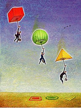 插画,商务人士,拿着,几何,伞,漂浮,天空