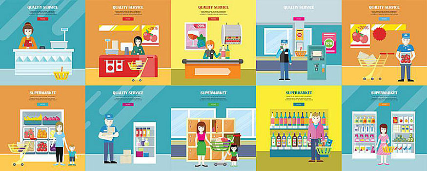 品质,服务,超市,旗帜,风格,顾客,消费者,选择,策略,商店,人员,插画,店,网页,设计