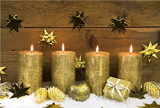 四个,金色,燃烧,圣诞节,蜡烛,降临节装饰