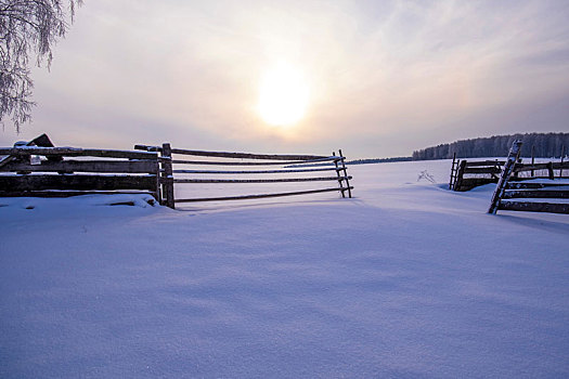 积雪,风景,栅栏,日落