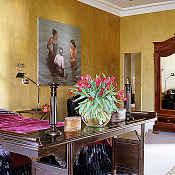花束,老式,木桌子,绘画,金色,墙壁