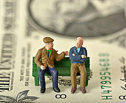 退休老人,长椅,美元,后面,象征,养老金