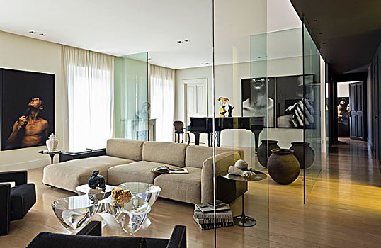 玻璃,分隔,休闲沙发,区域,苍白,沙发,茶几,现代,室内