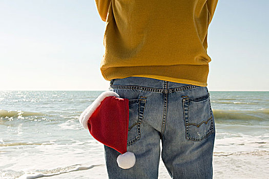 站立,男人,海滩,观景,圣诞帽,背影