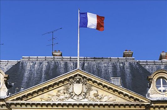 法国,巴黎,特写,山形墙,旗帜