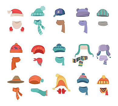 衣服,寒冷天气,男孩,女孩,帽子,围巾,时髦,冬天,秋天,蓝色,红色,褐色,紫色,橙色,矢量,插画