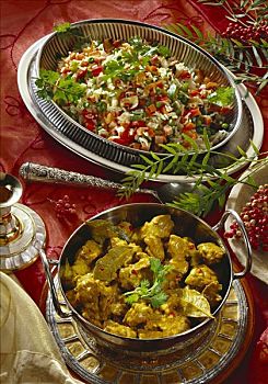 咖喱羊肉,炒饭,蔬菜,印度
