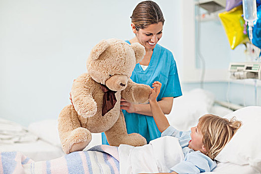 护理,展示,泰迪熊,孩子,病房