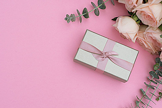 礼物,盒子,花,粉色,桌子,俯视,卧,场景