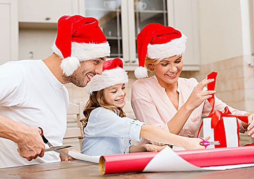 圣诞节,圣诞,冬天,家庭,高兴,人,概念,微笑,圣诞老人,帽子,礼盒