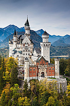 德国,巴伐利亚,旧天鹅堡,城堡,新天鹅堡,俯视图