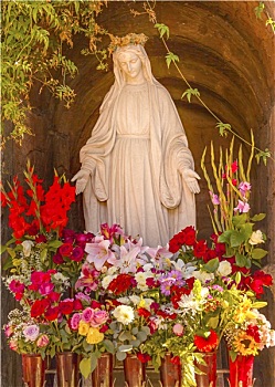 圣母玛利亚,雕塑,花,花园,教区,加利福尼亚