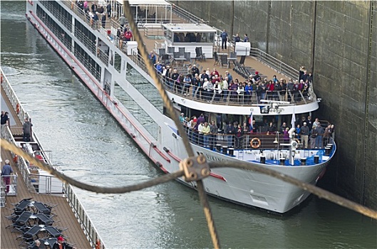 斯洛伐克,十一月,游客,船,坝,多瑙河,后面,钢铁,安全网