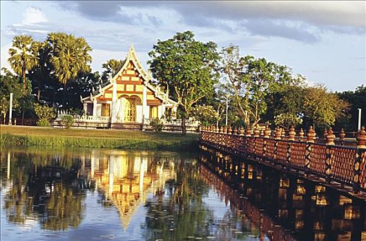 泰国,素可泰,乡村,反射,庙宇,湖