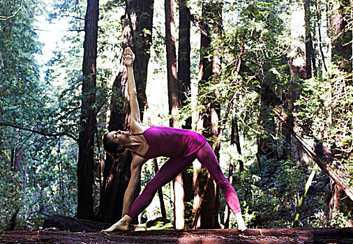 中年,女人,瑜珈,树林,三角式